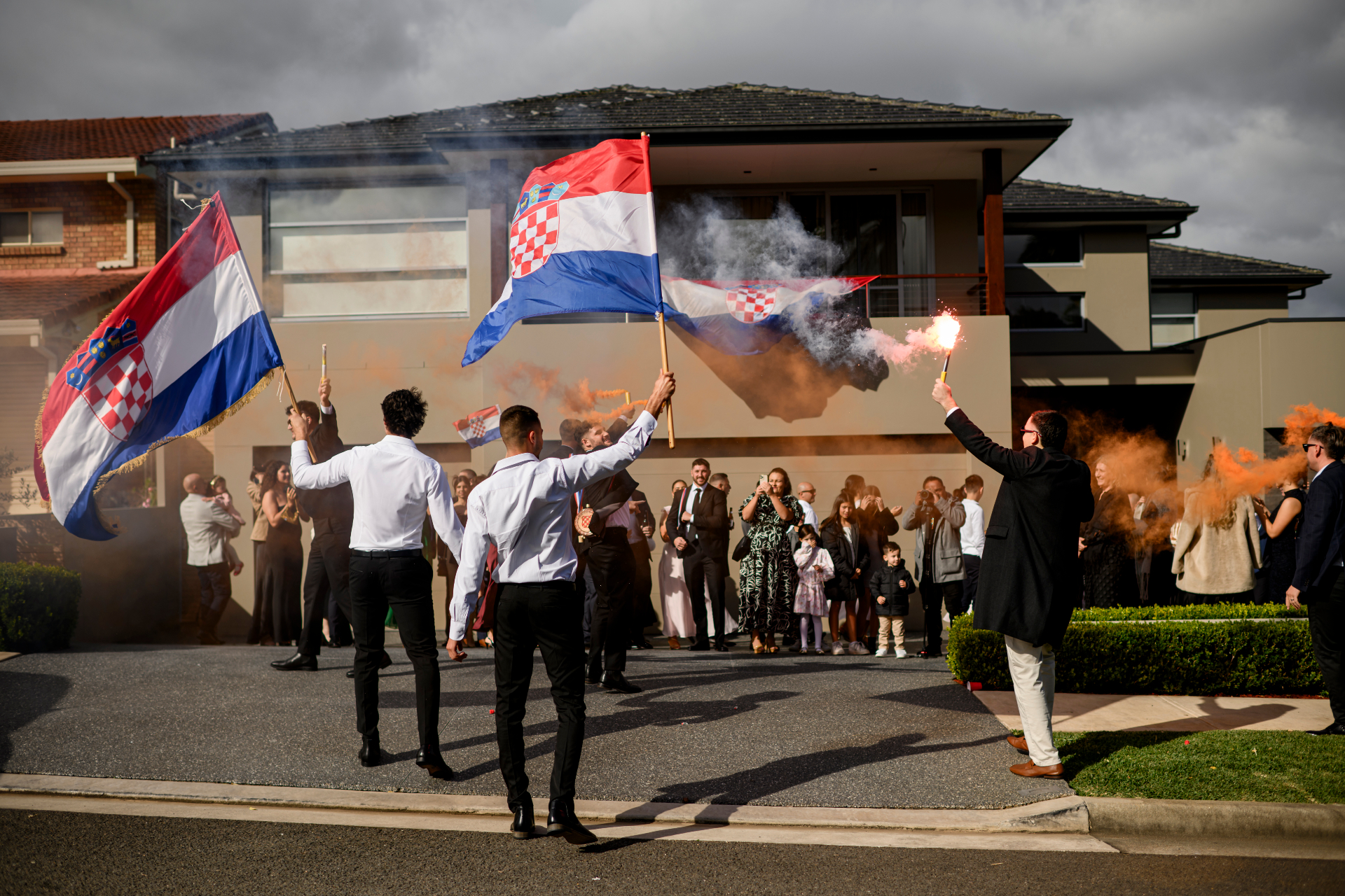 Croatian wedding entry flag (barjak) raised at a traditional wedding procession