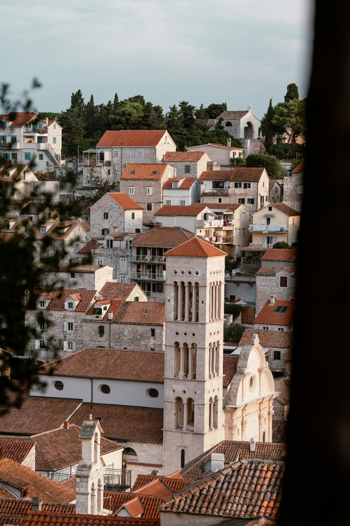 Stone rooftops and bell tower of Hvar town, Croatia