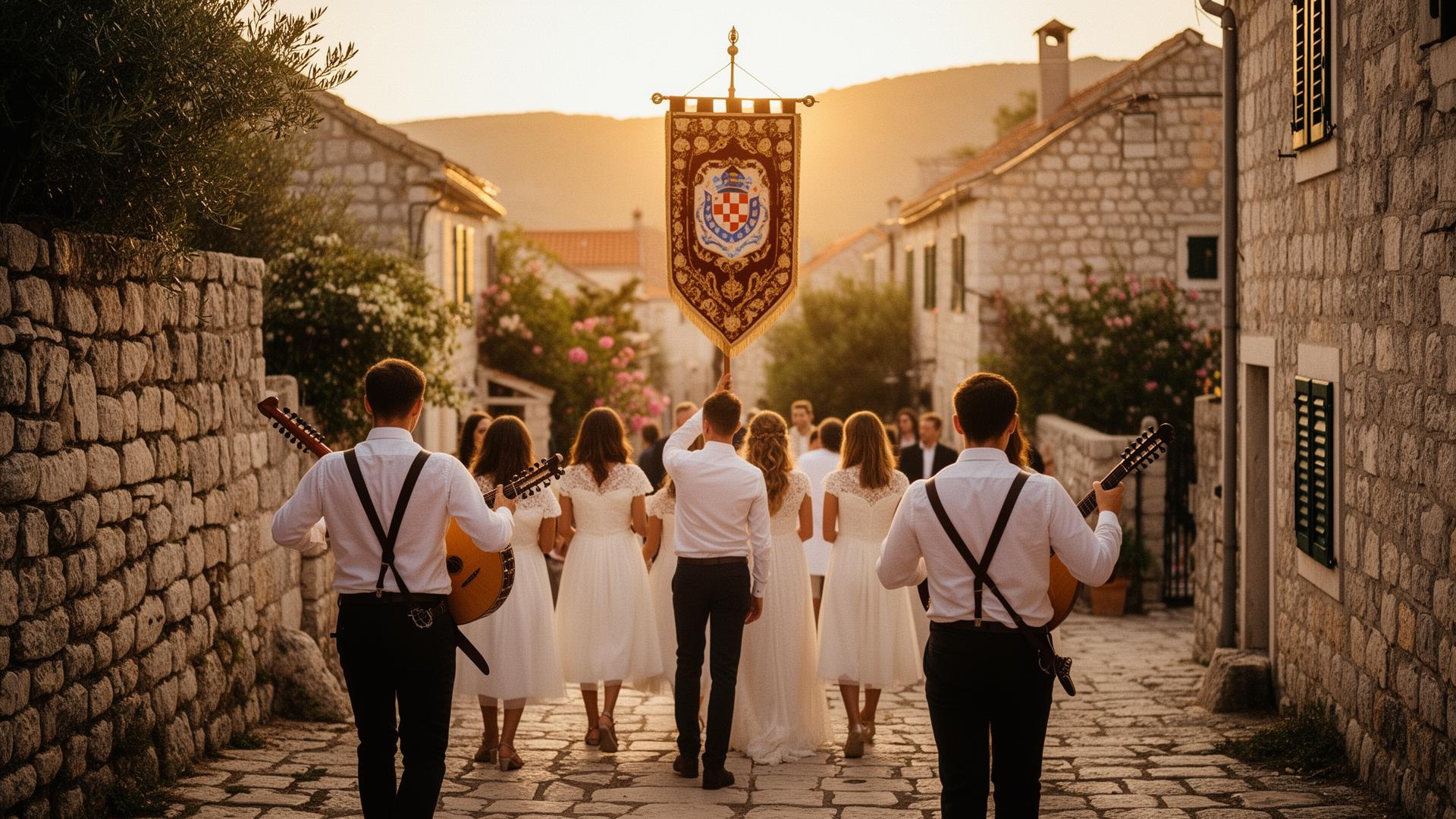 Wedding guests in procession behind a Croatian wedding flag